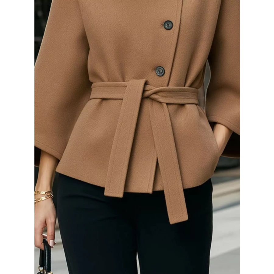 Button Down Cape Coat with Belted Waist Apparel and Accessories