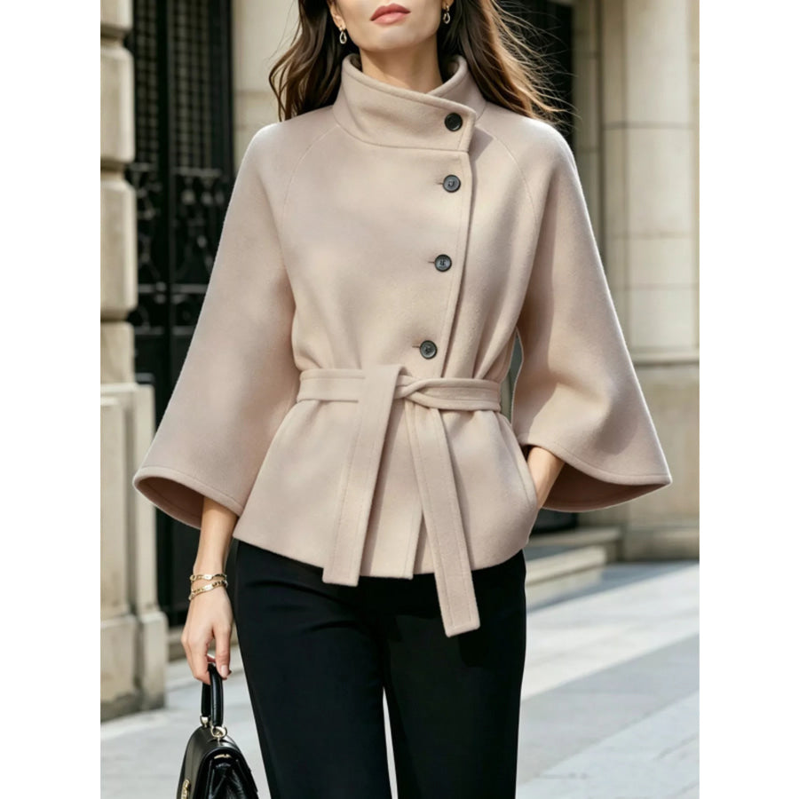 Button Down Cape Coat with Belted Waist Beige / S Apparel and Accessories