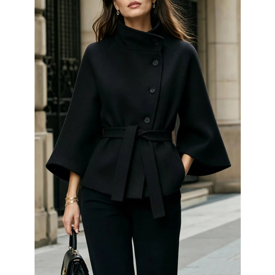 Button Down Cape Coat with Belted Waist Black / S Apparel and Accessories
