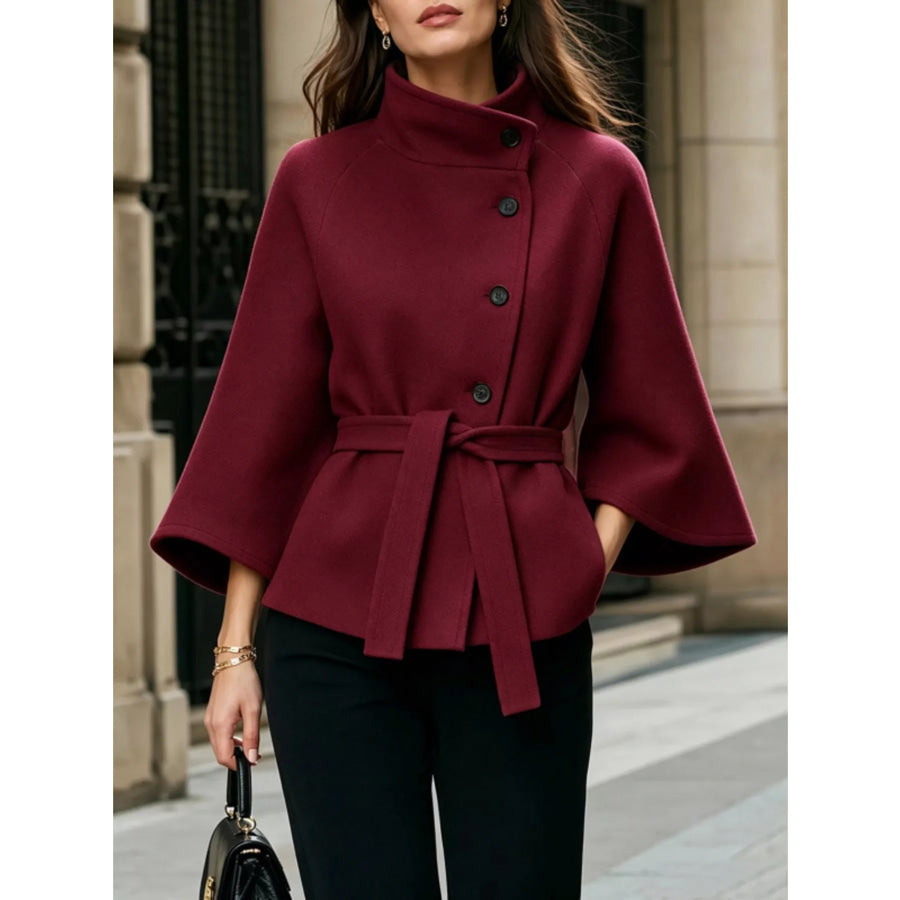 Button Down Cape Coat with Belted Waist Burgundy / S Apparel and Accessories