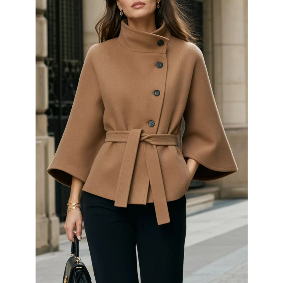 Button Down Cape Coat with Belted Waist Caramel / S Apparel and Accessories