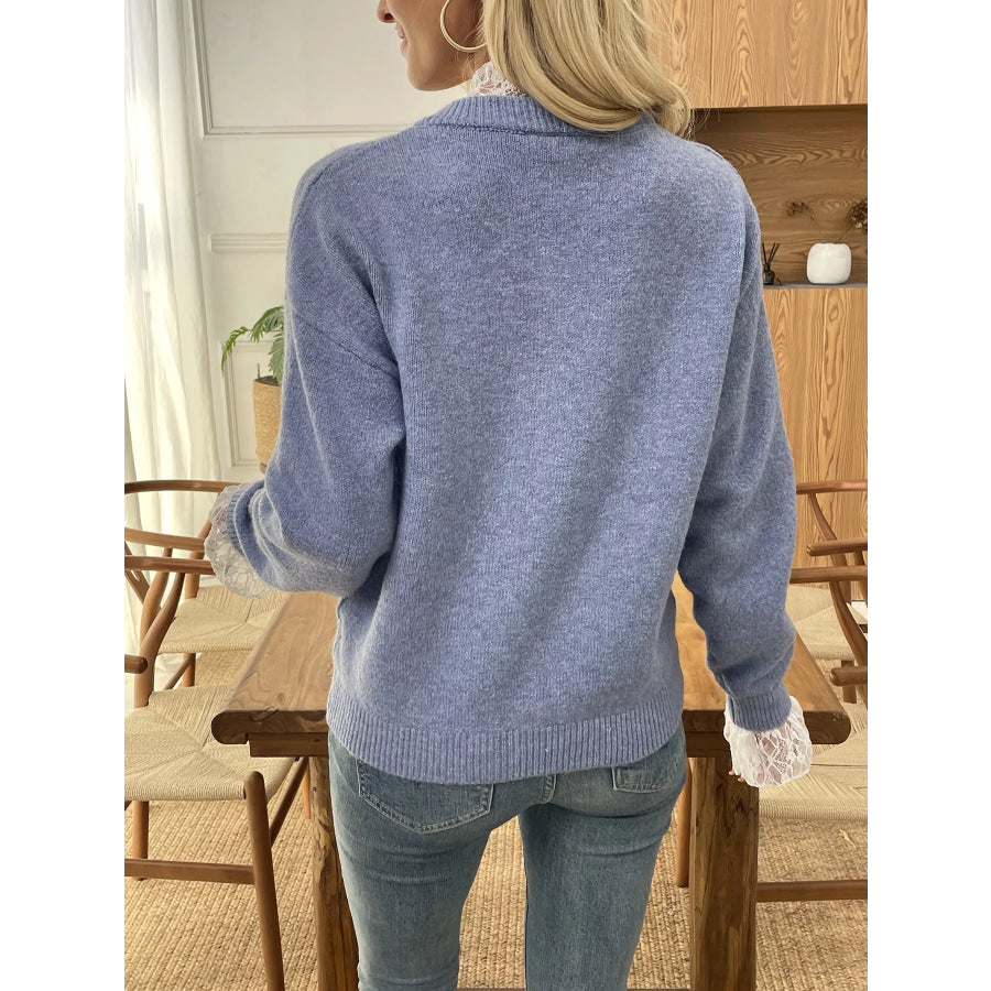Button-Down Cardigan with Delicate Lace Trim Dusty Blue / S Apparel and Accessories