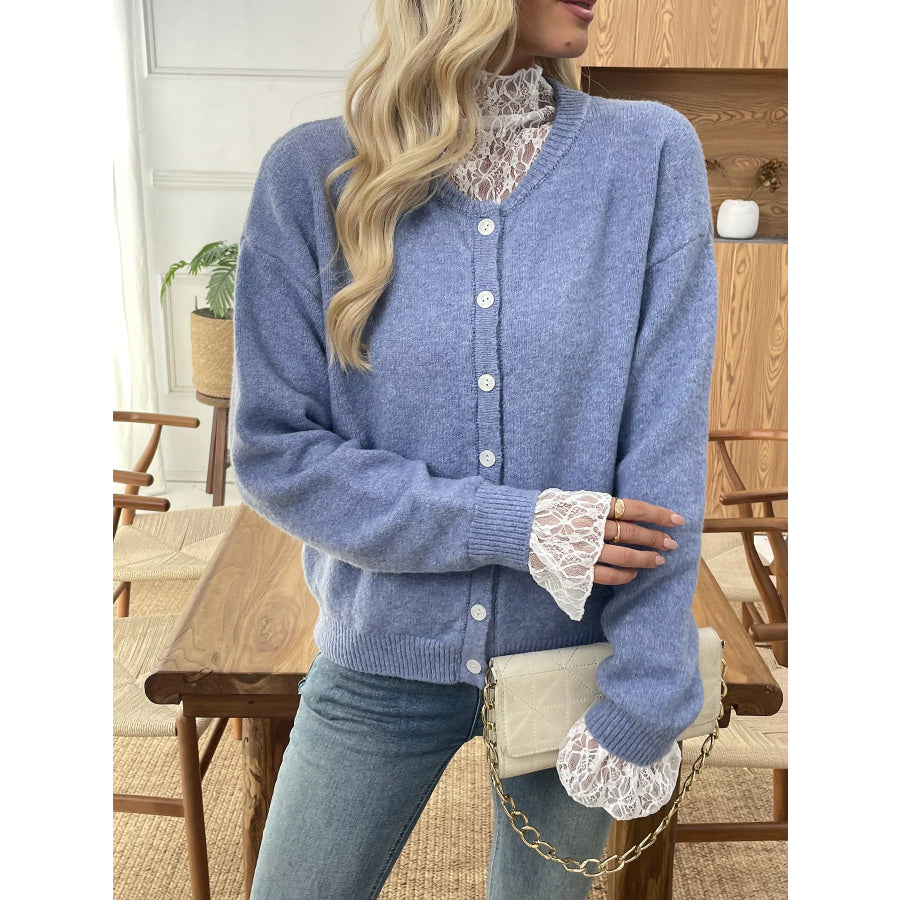 Button-Down Cardigan with Delicate Lace Trim Apparel and Accessories
