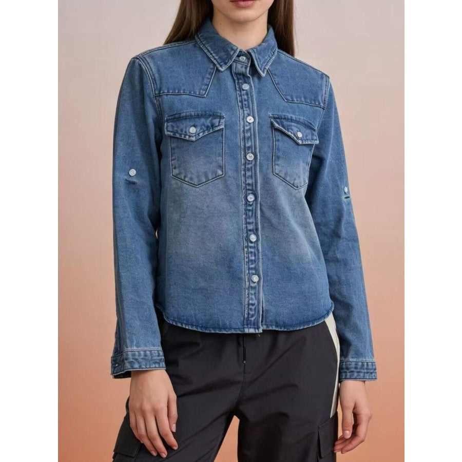 Button Down Classic Western Style Denim Top Blue / S Apparel and Accessories