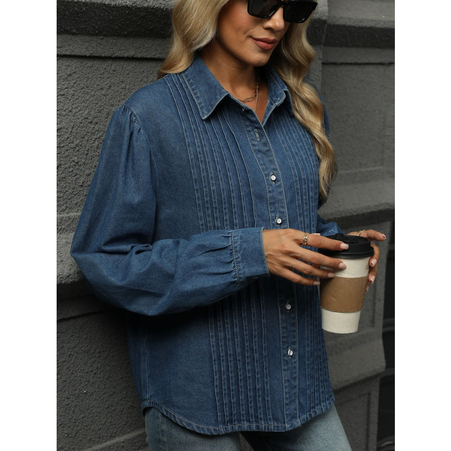 Button Down Collared Neck Long Sleeve Denim Top Apparel and Accessories