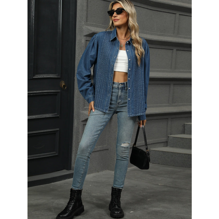 Button Down Collared Neck Long Sleeve Denim Top Apparel and Accessories