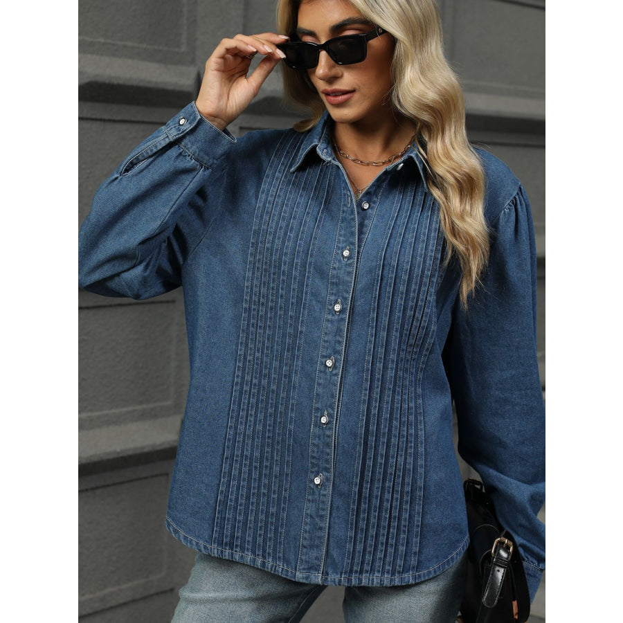 Button Down Collared Neck Long Sleeve Denim Top Apparel and Accessories