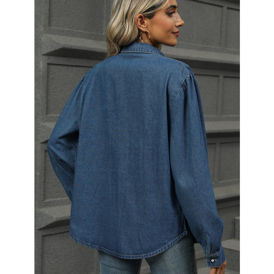 Button Down Collared Neck Long Sleeve Denim Top Apparel and Accessories