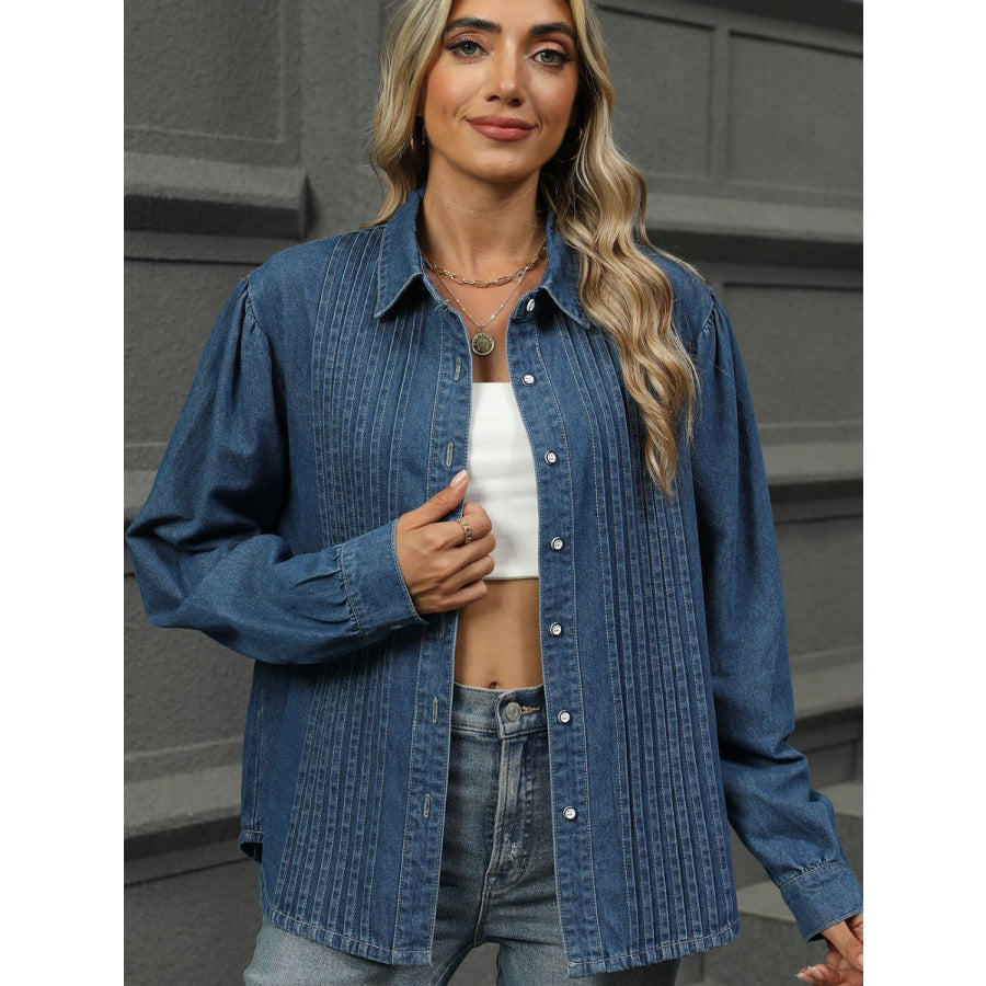 Button Down Collared Neck Long Sleeve Denim Top Apparel and Accessories