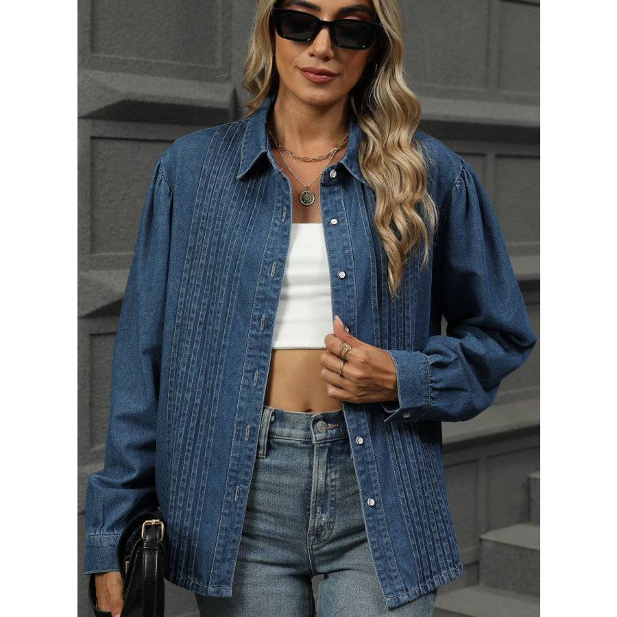 Button Down Collared Neck Long Sleeve Denim Top Apparel and Accessories