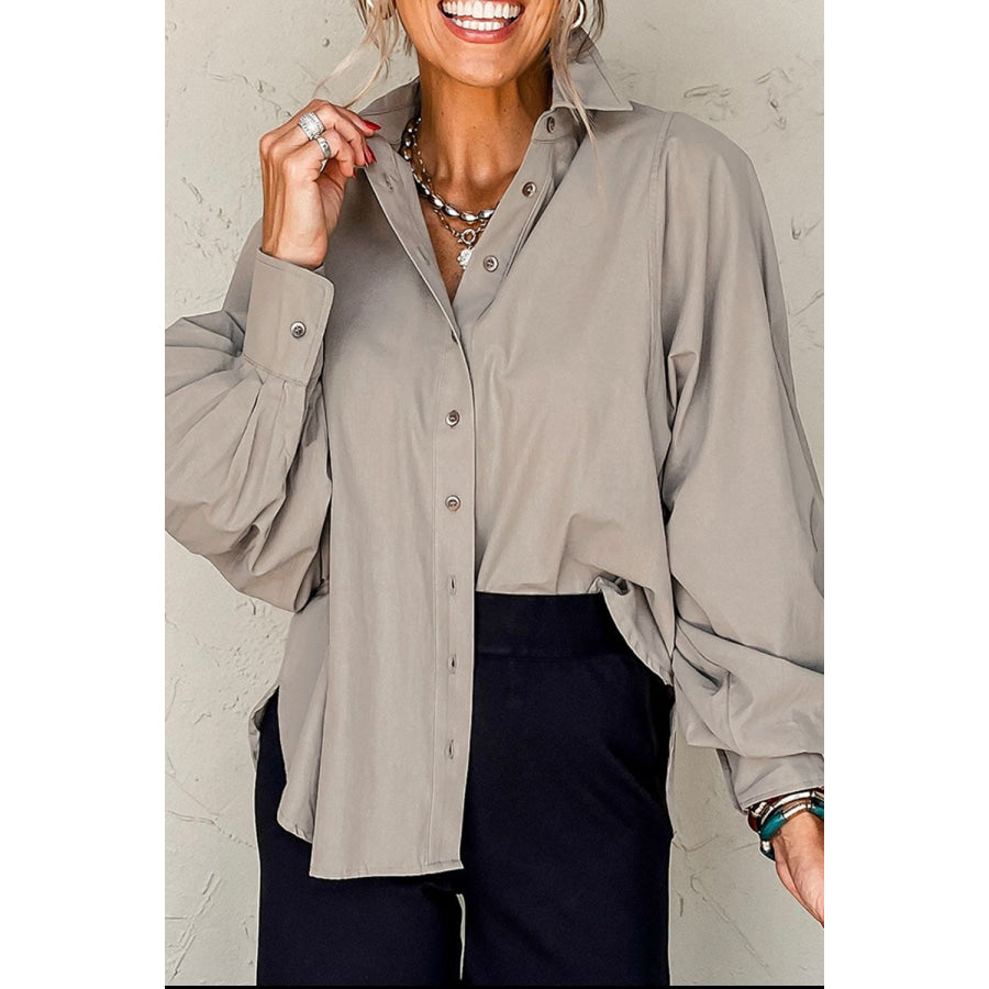 Button Down Collared Neck Long Sleeve Shirt Light Gray / S Apparel and Accessories