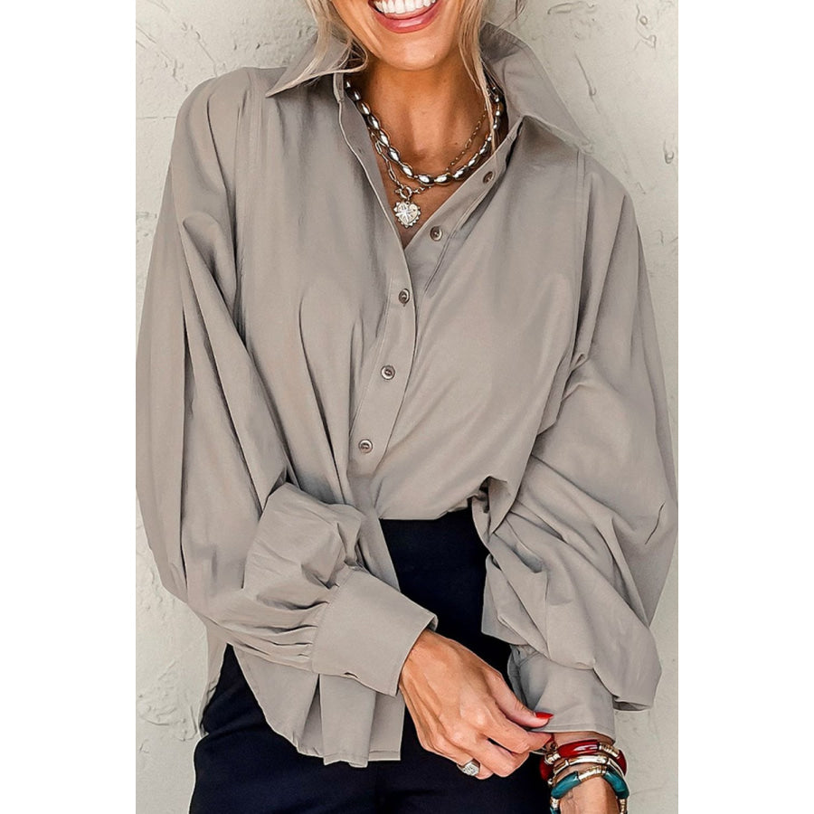 Button Down Collared Neck Long Sleeve Shirt Light Gray / S Apparel and Accessories