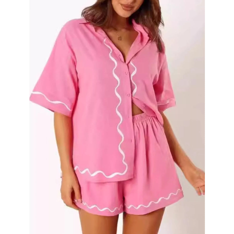 Button Down Contrast Trim Shirt and Shorts Set Pink / S Apparel and Accessories