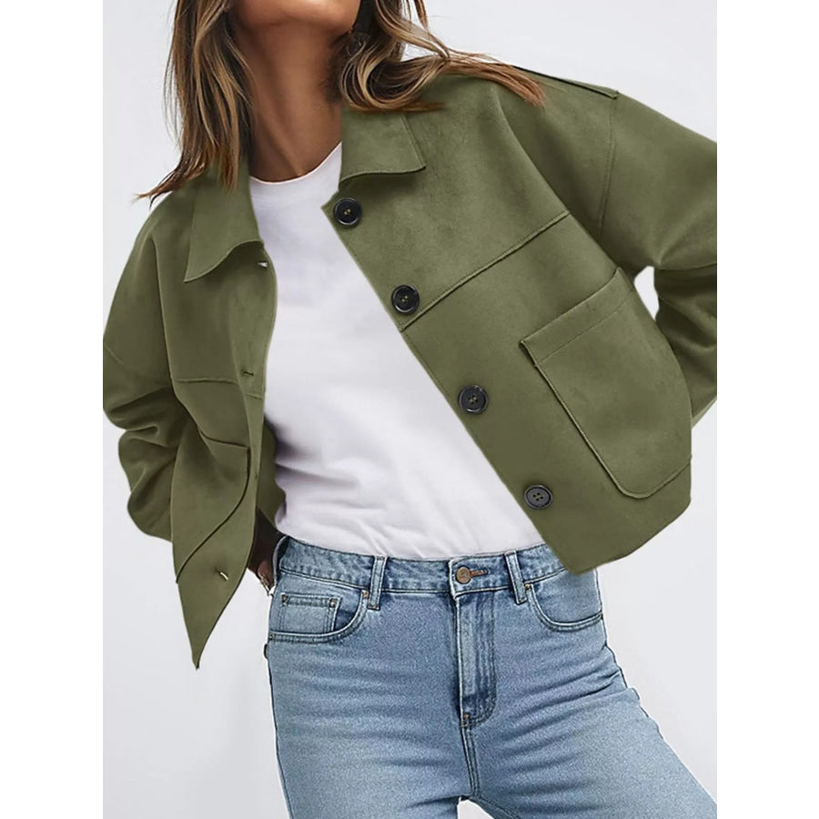 Button-Down Cropped Jacket Army Green / S Apparel and Accessories