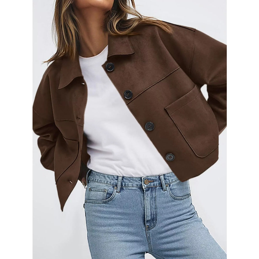 Button-Down Cropped Jacket Coffee Brown / S Apparel and Accessories