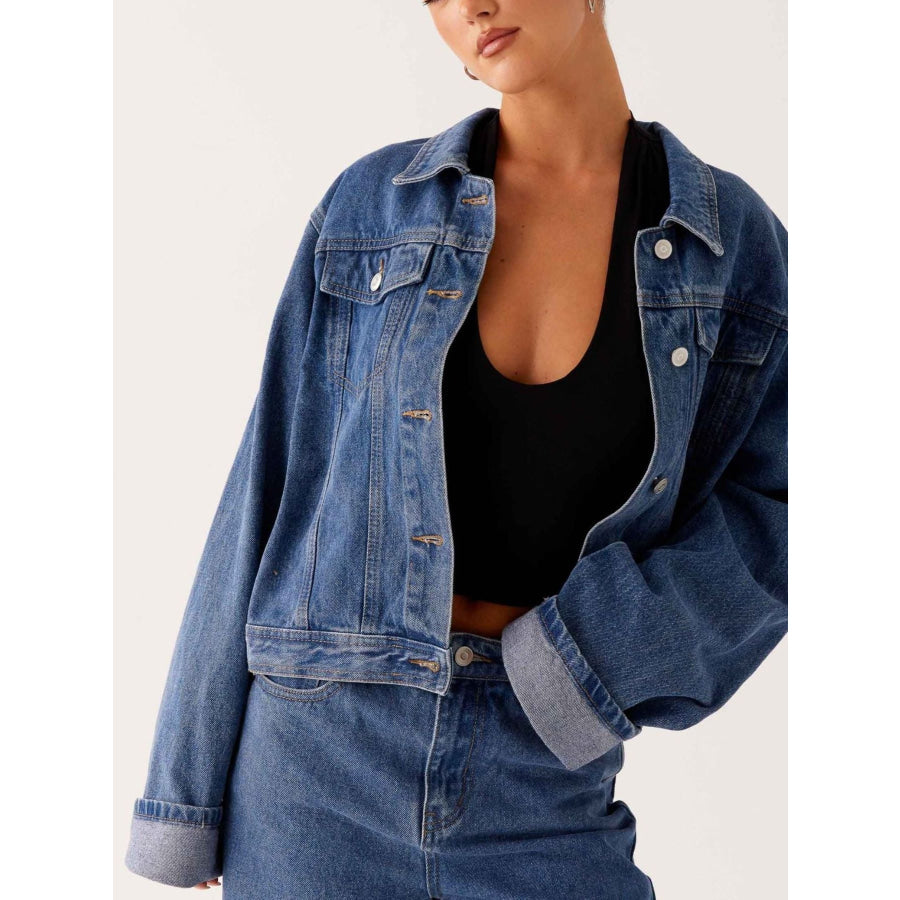 Button Down Cropped Oversized Denim Jacket Dark Blue / S Apparel and Accessories