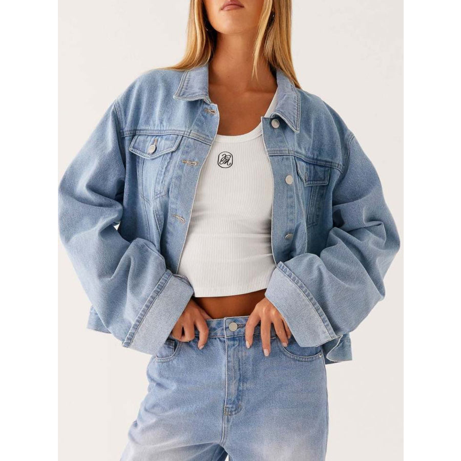 Button Down Cropped Oversized Denim Jacket Apparel and Accessories