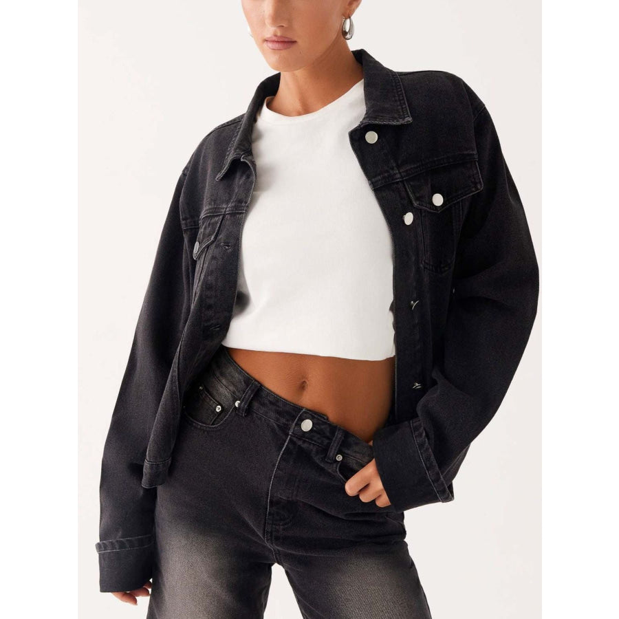 Button Down Cropped Oversized Denim Jacket Apparel and Accessories