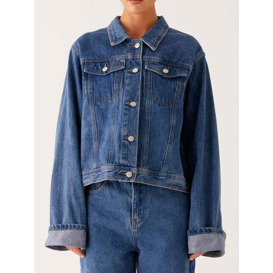 Button Down Cropped Oversized Denim Jacket Apparel and Accessories