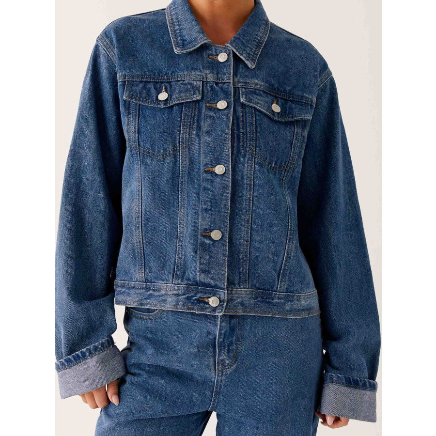 Button Down Cropped Oversized Denim Jacket Apparel and Accessories