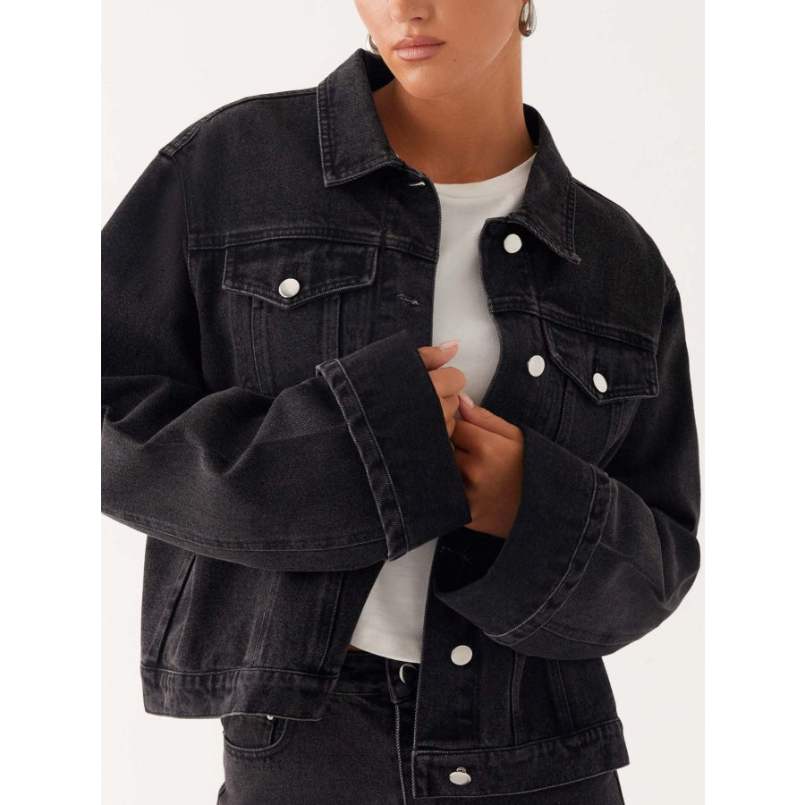 Button Down Cropped Oversized Denim Jacket Black / S Apparel and Accessories