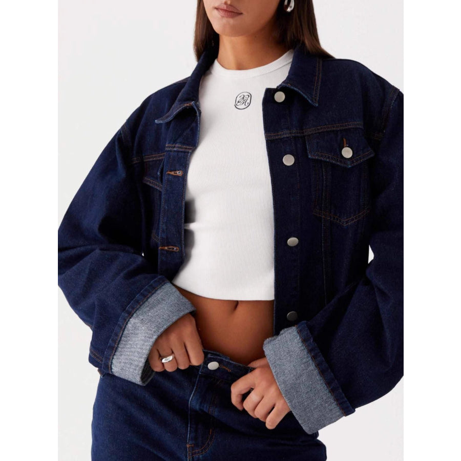 Button Down Cropped Oversized Denim Jacket Blue Black / S Apparel and Accessories