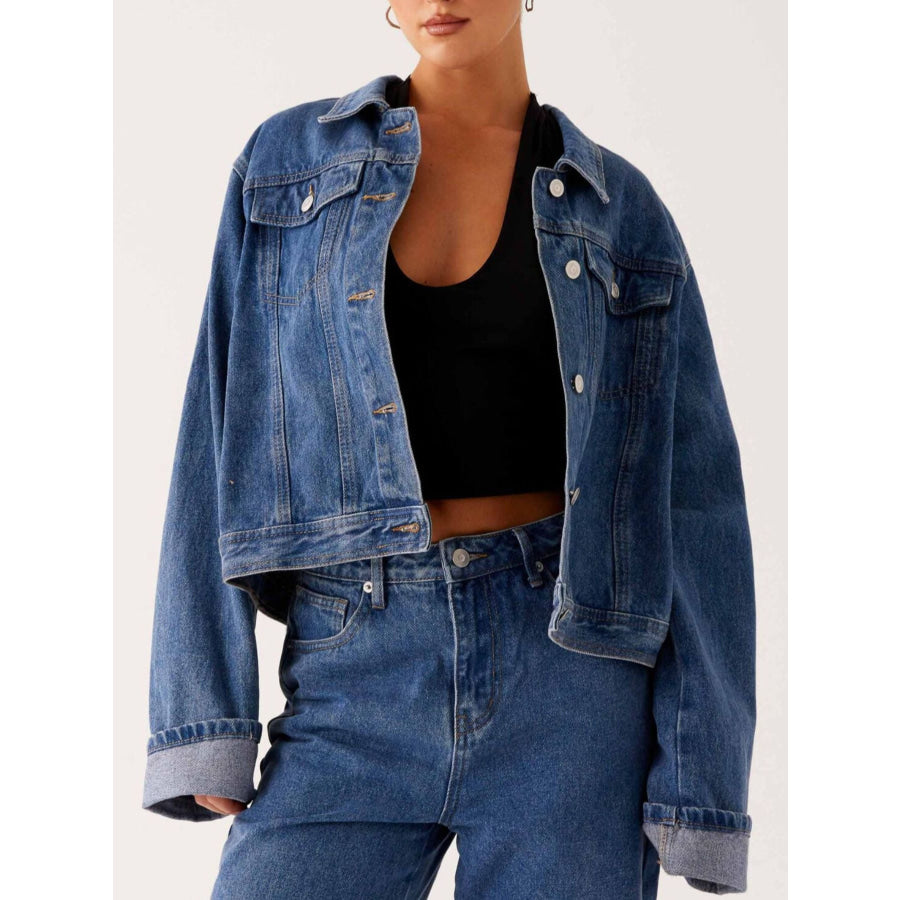 Button Down Cropped Oversized Denim Jacket Dark Blue / S Apparel and Accessories