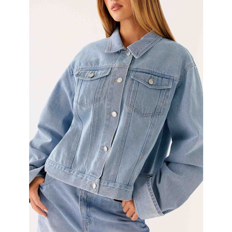 Button Down Cropped Oversized Denim Jacket Light Blue / S Apparel and Accessories