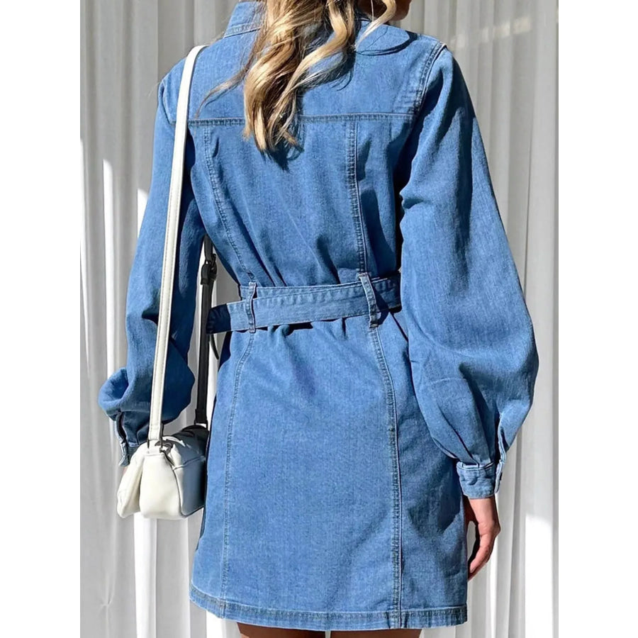 Button-Down Denim Dress with Belted Waist and Long Sleeves Apparel Accessories