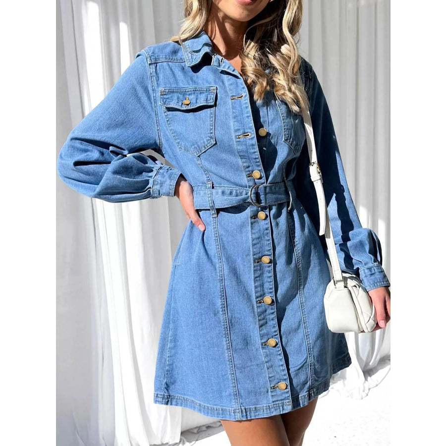 Button-Down Denim Dress with Belted Waist and Long Sleeves Apparel Accessories