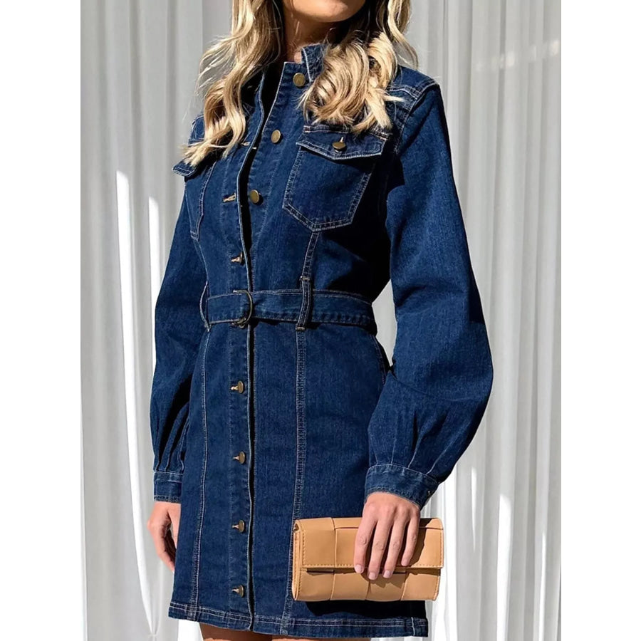 Button-Down Denim Dress with Belted Waist and Long Sleeves Apparel Accessories
