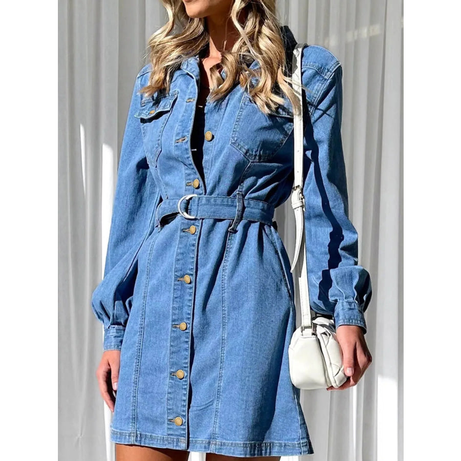 Button-Down Denim Dress with Belted Waist and Long Sleeves Apparel Accessories