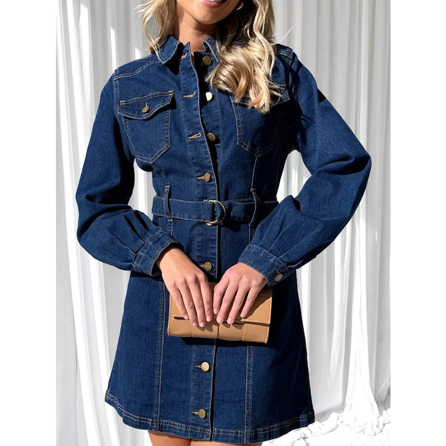 Button-Down Denim Dress with Belted Waist and Long Sleeves Dark Blue / S Apparel Accessories