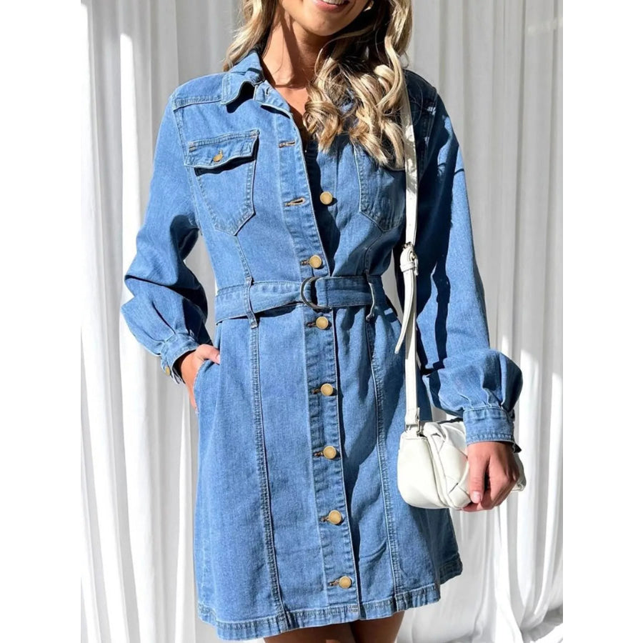 Button-Down Denim Dress with Belted Waist and Long Sleeves Light Blue / S Apparel Accessories