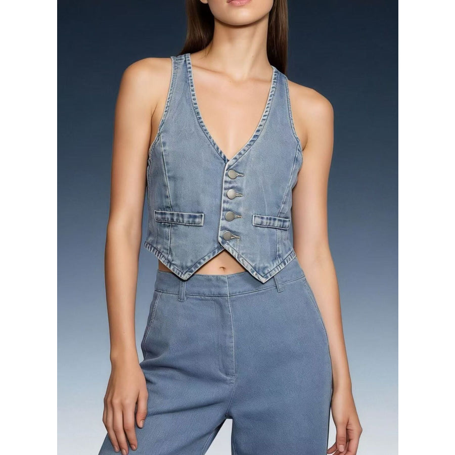 Button-Down Denim Vest Light Blue / S Apparel and Accessories
