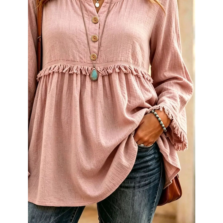 Button-Down Detail Fringed Hem Blouse Apparel and Accessories
