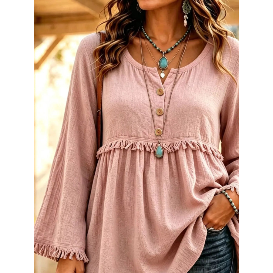 Button-Down Detail Fringed Hem Blouse Apparel and Accessories