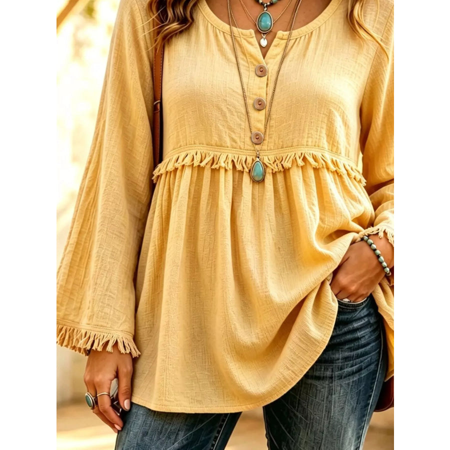 Button-Down Detail Fringed Hem Blouse Apparel and Accessories