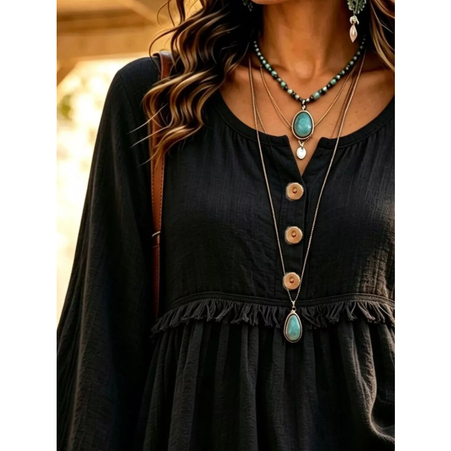 Button-Down Detail Fringed Hem Blouse Apparel and Accessories