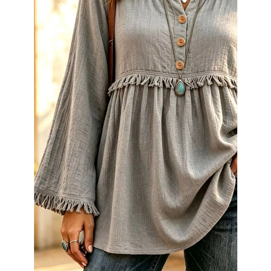 Button-Down Detail Fringed Hem Blouse Apparel and Accessories
