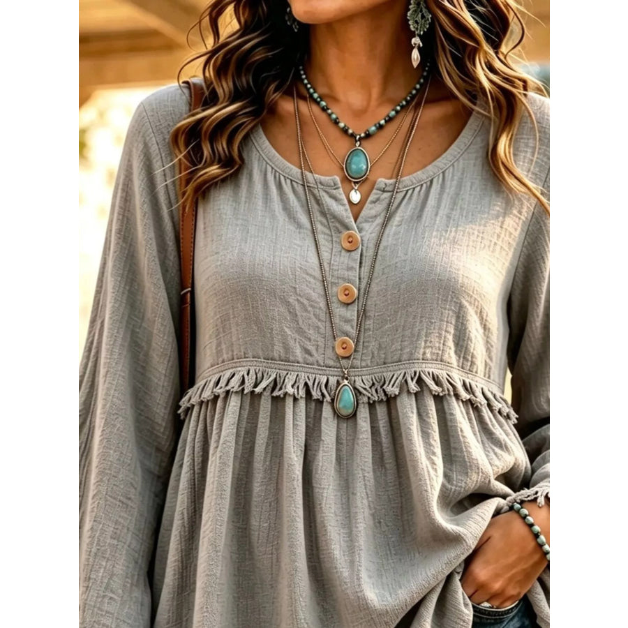 Button-Down Detail Fringed Hem Blouse Apparel and Accessories