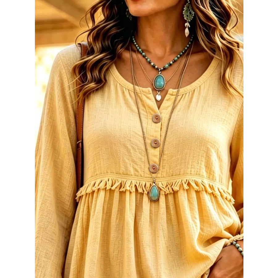Button-Down Detail Fringed Hem Blouse Apparel and Accessories