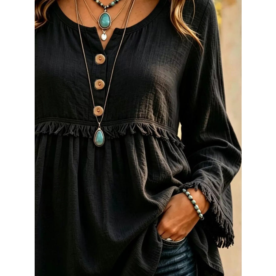 Button-Down Detail Fringed Hem Blouse Apparel and Accessories