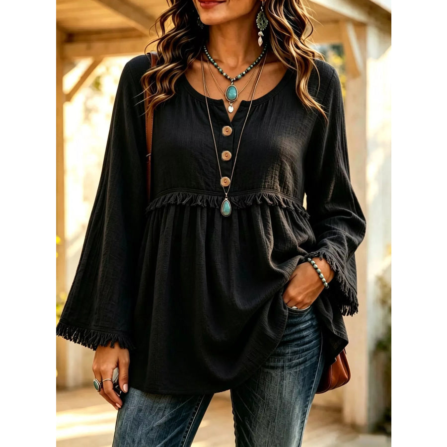 Button-Down Detail Fringed Hem Blouse Black / S Apparel and Accessories