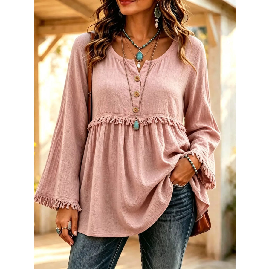 Button-Down Detail Fringed Hem Blouse Dusty Pink / S Apparel and Accessories