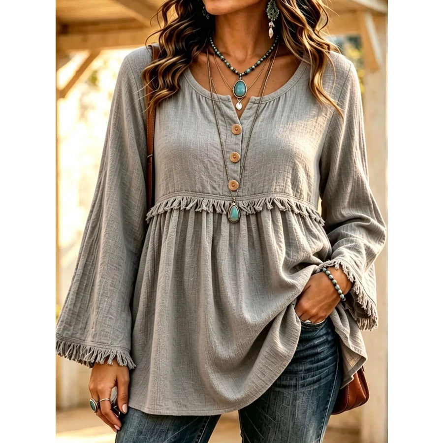 Button-Down Detail Fringed Hem Blouse Gray / S Apparel and Accessories
