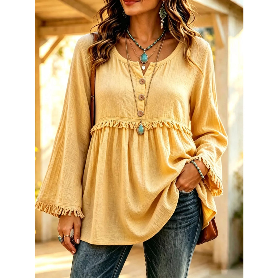 Button-Down Detail Fringed Hem Blouse Mustard / S Apparel and Accessories