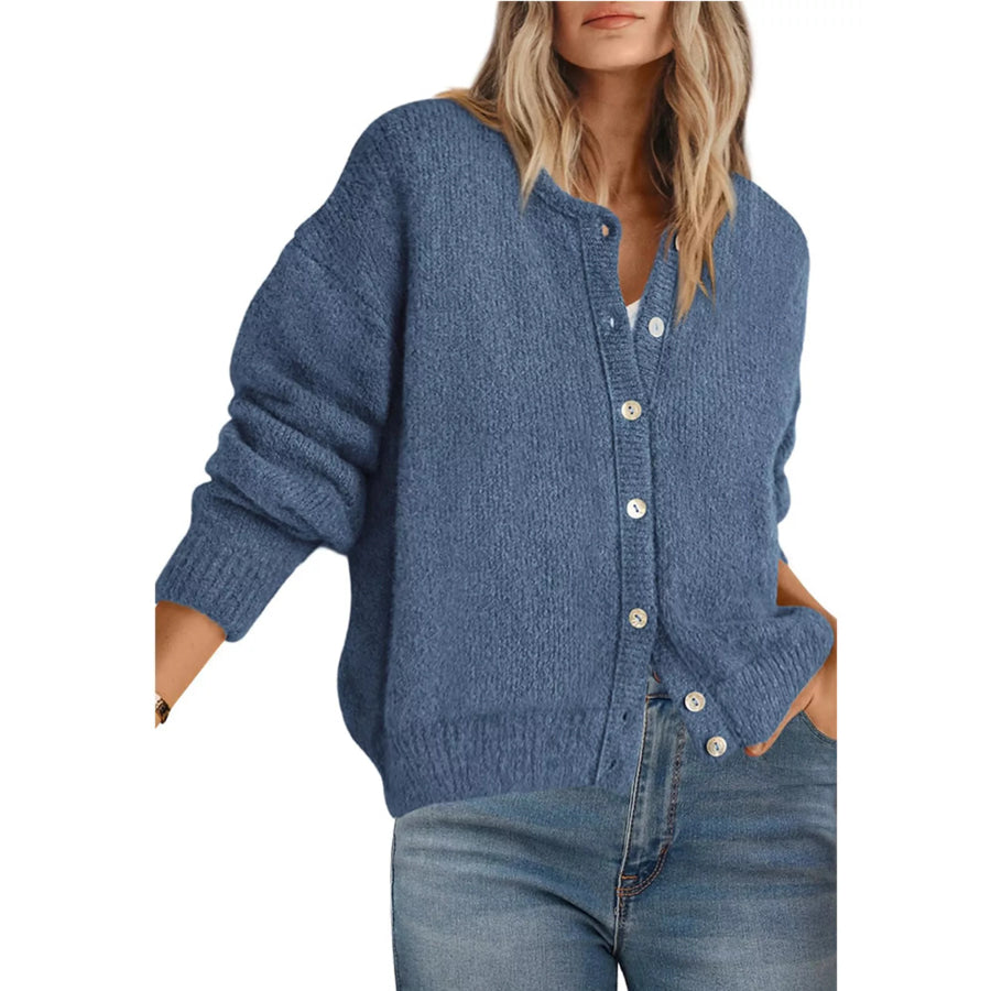 Button-Down Dropped Shoulder Cardigan Haze Blue / S Apparel and Accessories