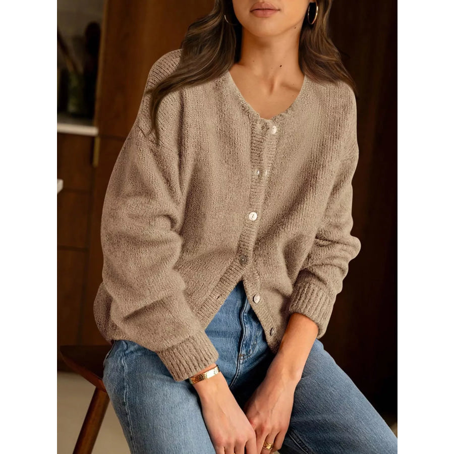 Button-Down Dropped Shoulder Cardigan Khaki / S Apparel and Accessories