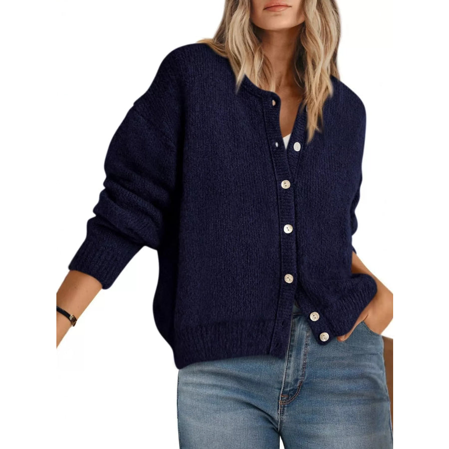 Button-Down Dropped Shoulder Cardigan Navy Blue / S Apparel and Accessories